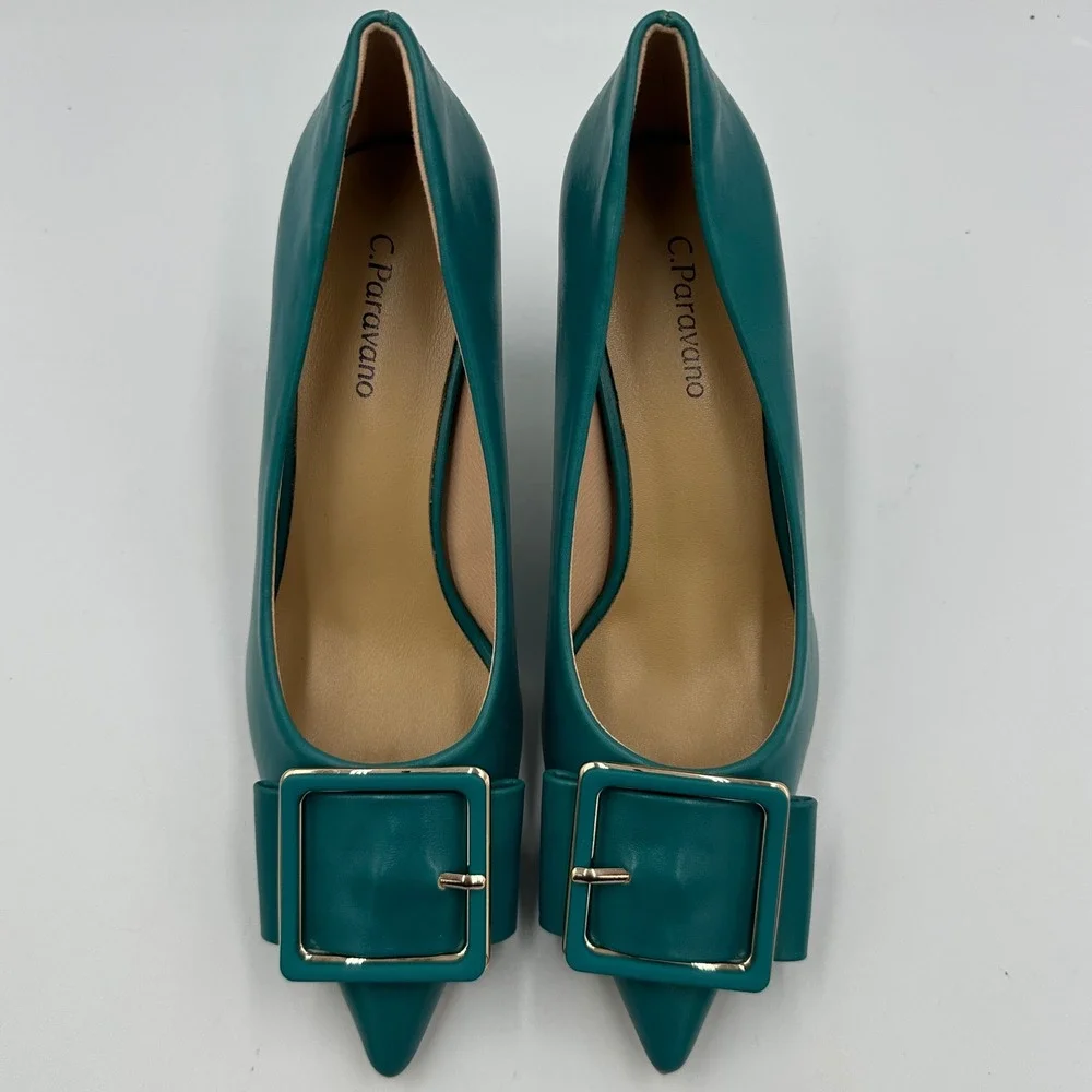 C.Paravano Peacock Blue Buckle Pumps Sz 36 / 5.5 Leather Pointed Toe Kitten Heel
